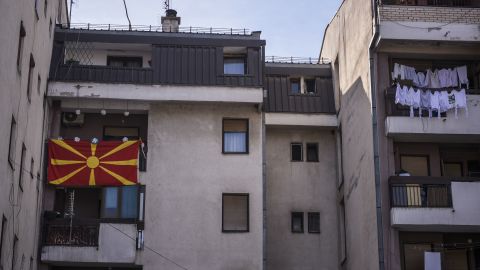A Macedonian flag hangs from a Skopje balcony ahead of the referendum.