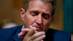 Sen. Jeff Flake, R-Ariz., during the Senate Judiciary Committee meeting, Friday, Sept. 28, 2018 on Capitol Hill in Washington. After a flurry of last-minute negotiations, the Senate Judiciary Committee advanced Brett Kavanaugh's nomination for the Supreme Court after agreeing to a late call from Sen. Flake for a one week investigation into sexual assault allegation against the high court nominee. (AP Photo/Pablo Martinez Monsivais)