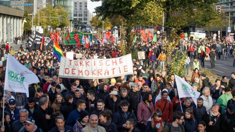 Hundreds of people gathered in Berlin on Friday to demonstrate against President Erdogan and his visit to Germany.