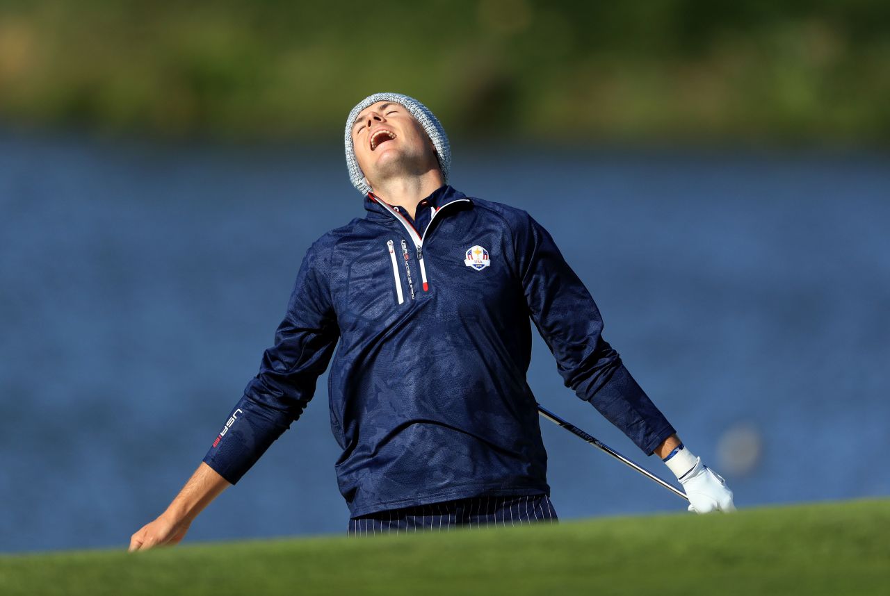 Jordan Spieth of the United States reacts to his third shot on the 10th hole during his match Saturday with Justin Thomas against the European team.