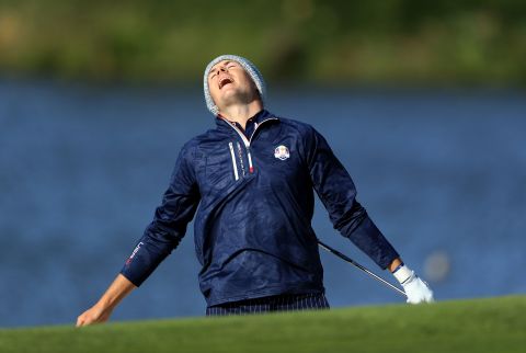 Jordan Spieth of the United States reacts to his third shot on the 10th hole during his match Saturday with Justin Thomas against the European team.