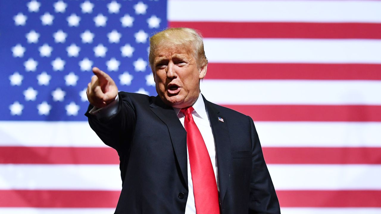 President Donald Trump gestures as he speaks during a rally at WesBanco Arena in Wheeling, West Virginia, on Saturday. (Photo by MANDEL NGAN / AFP/Getty Images)