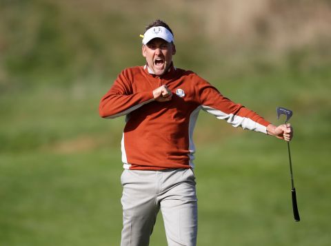 Team Europe's Ian Poulter reacts during Day Two of the Ryder Cup at Le Golf National outside Paris on Saturday, September 29.