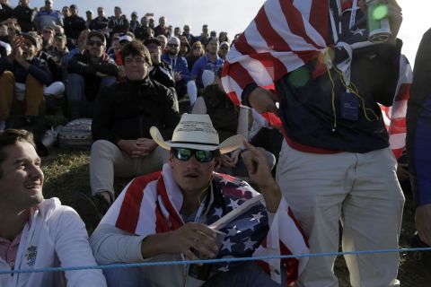 US supporters attend Day Two of the Ryder Cup at Le Golf National outside Paris.
