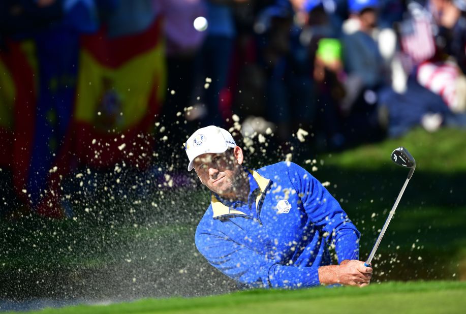 Sergio Garcia of Europe plays out of a bunker during singles matches on Sunday.