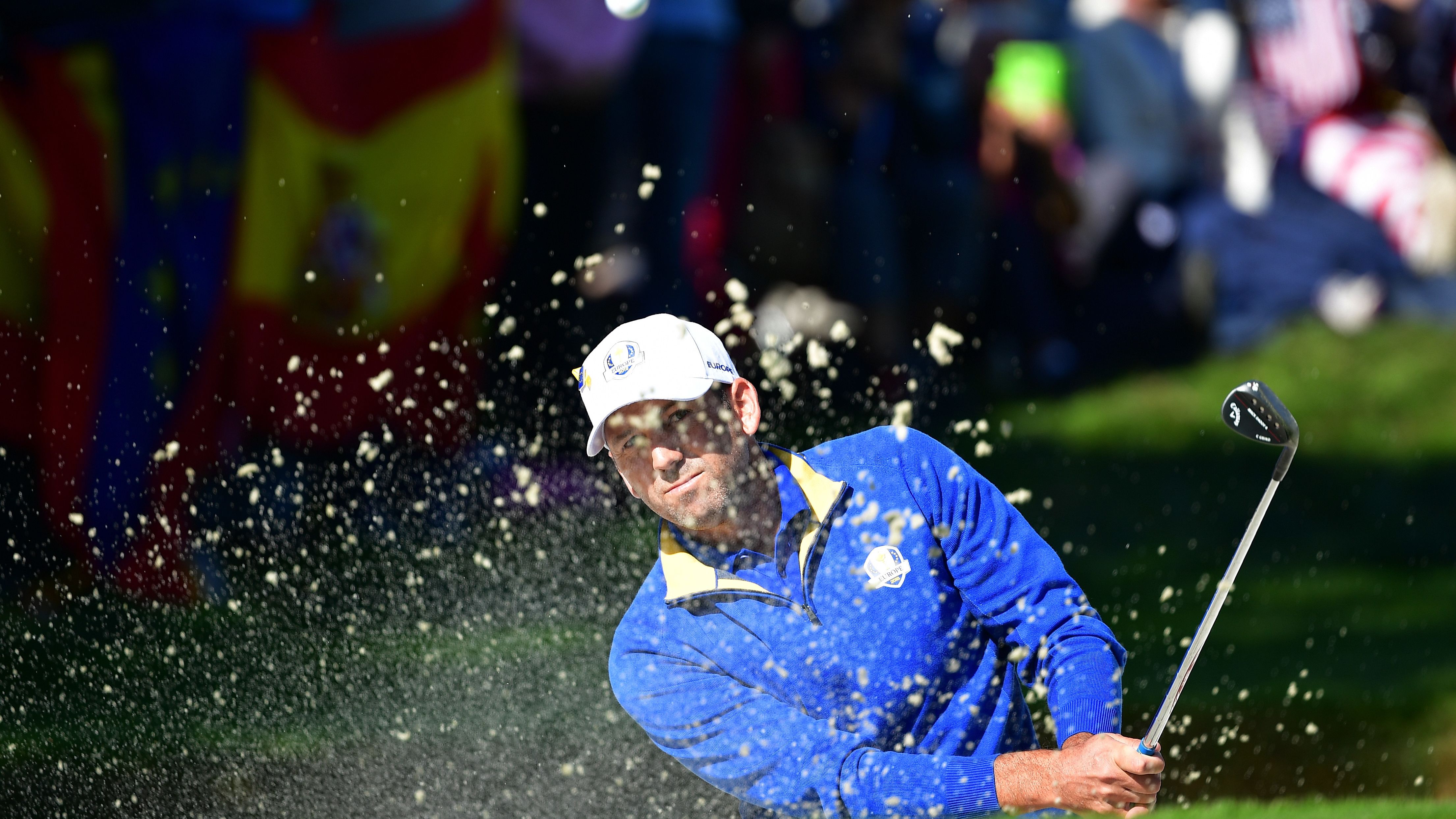 Sergio Garcia of Europe plays out of a bunker during singles matches on Sunday.
