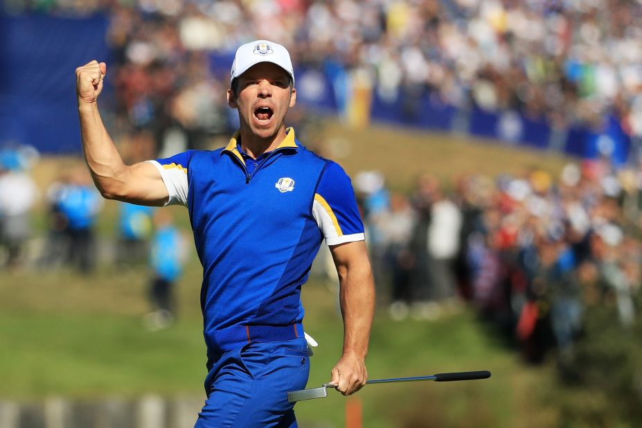 Paul Casey of Europe celebrates a putt on the second green during singles matches of the Ryder Cup on Sunday, September 30, in Paris, France.