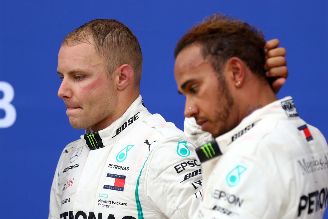 The tension is plain to see on the podium for the Russian Grand Prix as second-placed Valtteri Bottas and winner Lewis Hamilton reflect on a controversial race in Sochi. 