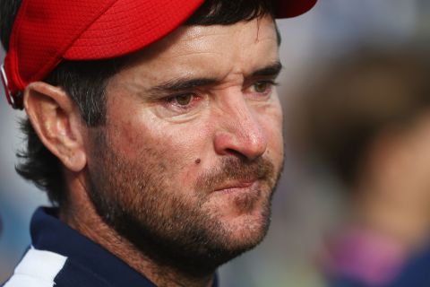 Bubba Watson of the US shows emotion following his team's defeat at the Ryder Cup on Sunday.