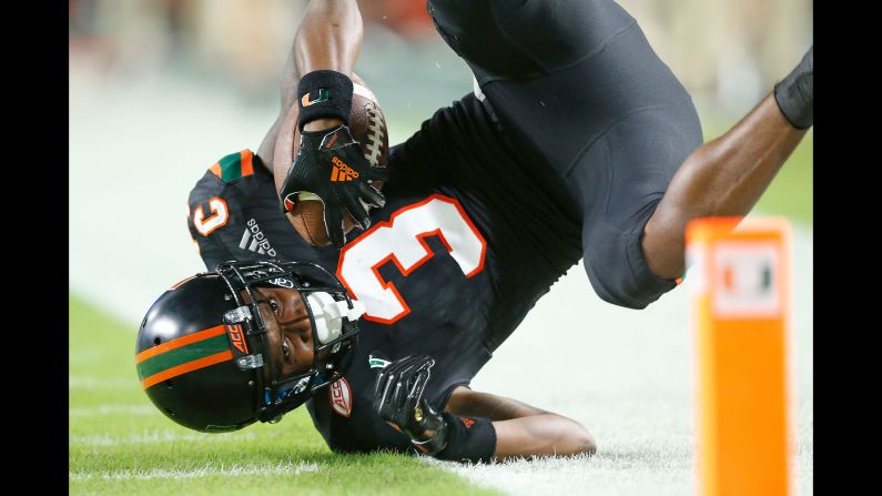 Mike Harley of the Miami Hurricanes falls out of bounds short of the end zone after catching the football in a game against the North Carolina Tar Heels on Thursday, September 27, in Miami. Miami defeated North Carolina 47-10. 
