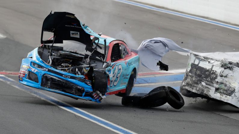 Darrell "Bubba" Wallace crashes in turn 12 during practice for Sunday's NASCAR race in Concord, North Carolina, on Saturday, September 29. Wallace escaped the crash unharmed. 
