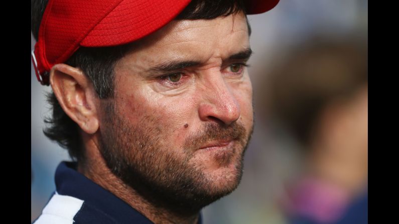 Golfer Bubba Watson of the United States reacts to his team's defeat in the Ryder Cup on Sunday, September 30, in Paris.