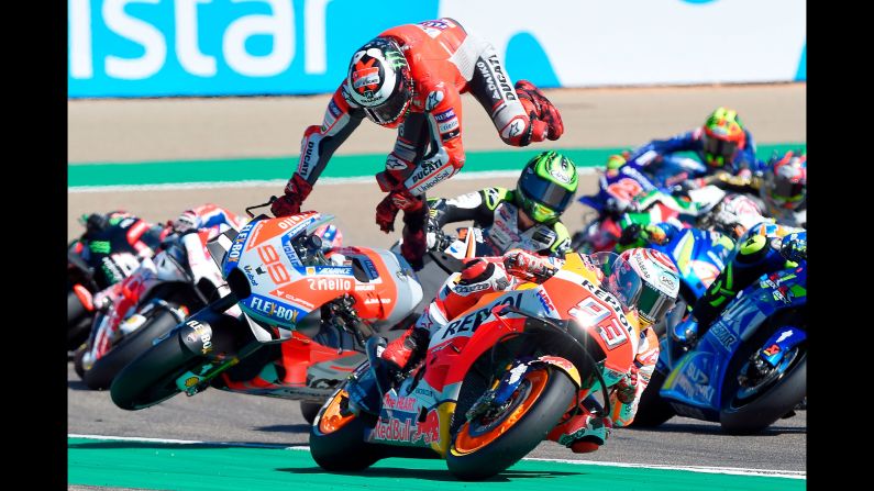 Jorge Lorenzo of the Ducati team falls from his bike during the Aragon motorcycle Grand Prix in Alcaniz, Spain, on Sunday, September 23.