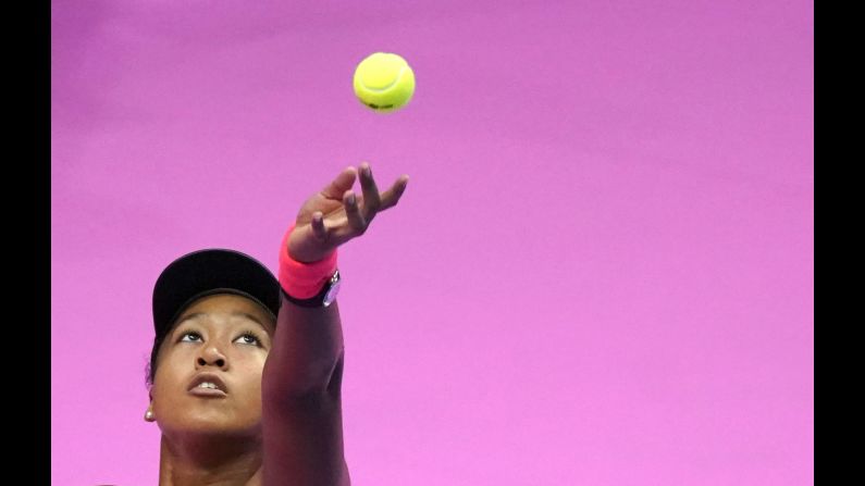 Naomi Osaka of Japan serves a ball against Karolina Pliskova of the Czech Republic during the final match of the Pan Pacific Open women's tennis tournament in Tokyo on Sunday, September 23.