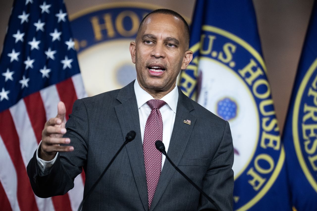 House Minority Leader Hakeem Jeffries conducts his weekly news conference in the Capitol Visitor Center on July 25.