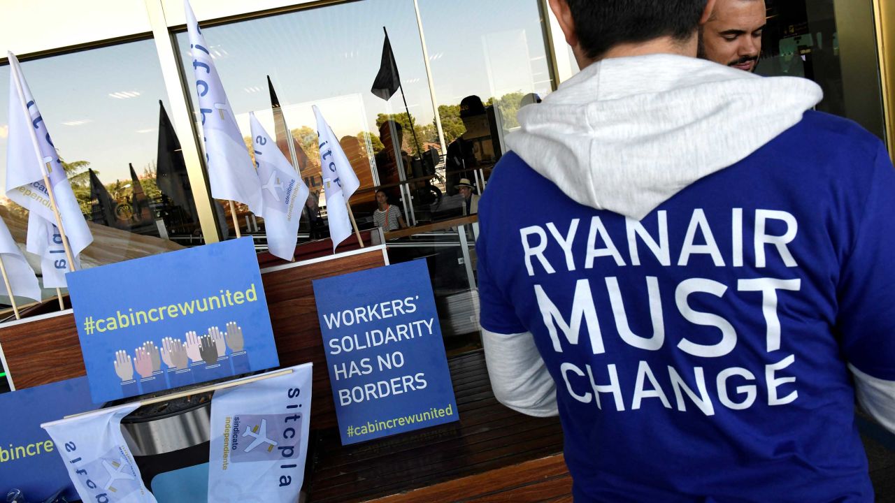 Ryanair cabin crew members protest in Madrid.