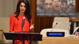 Amal Clooney participates in the Press Behind Bars: Undermining Justice and Democracy event during the 73rd session of the United Nations General Assembly at the United Nations in New York on September 28, 2018. (Photo by Angela Weiss / AFP)        (Photo credit should read ANGELA WEISS/AFP/Getty Images)