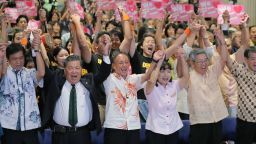 Danny Tamaki (C), the son of a US Marine and Japanese mother, celebrates after he was elected in gubernatorial election in Naha, on the Japanese southern island of Okinawa, on September 30, 2018. (Photo by JIJI PRESS / JIJI PRESS / AFP) / Japan OUT        (Photo credit should read JIJI PRESS/AFP/Getty Images)
