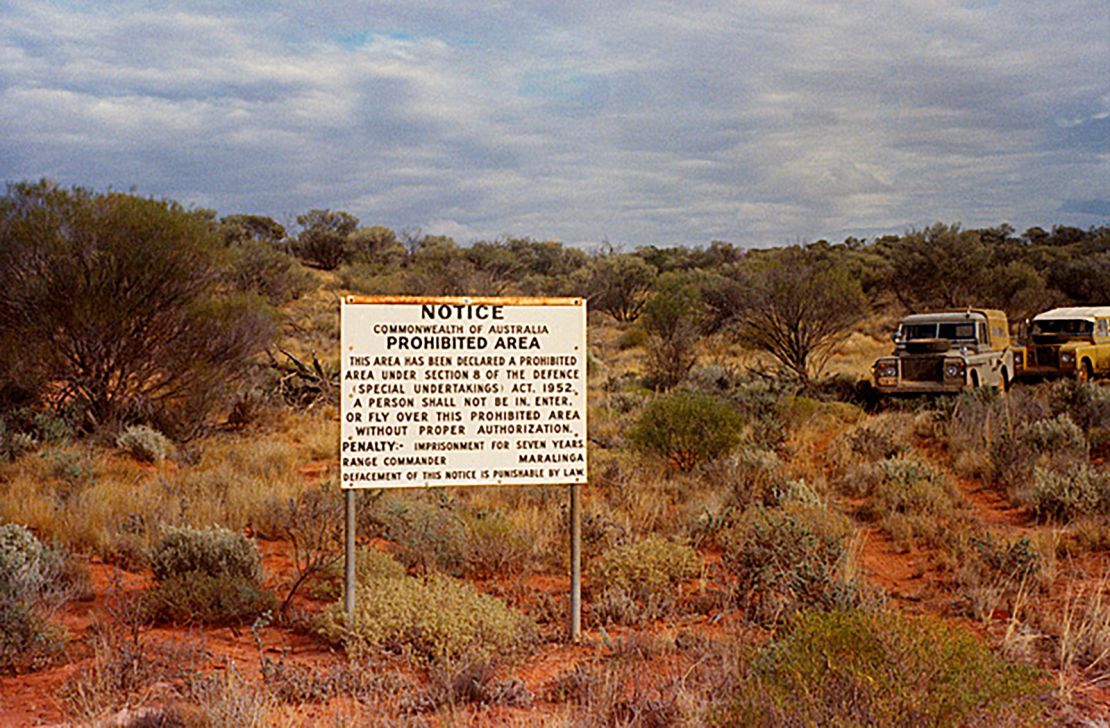 A prohibited area sign seen near the Maralinga nuclear test site in 1974. 