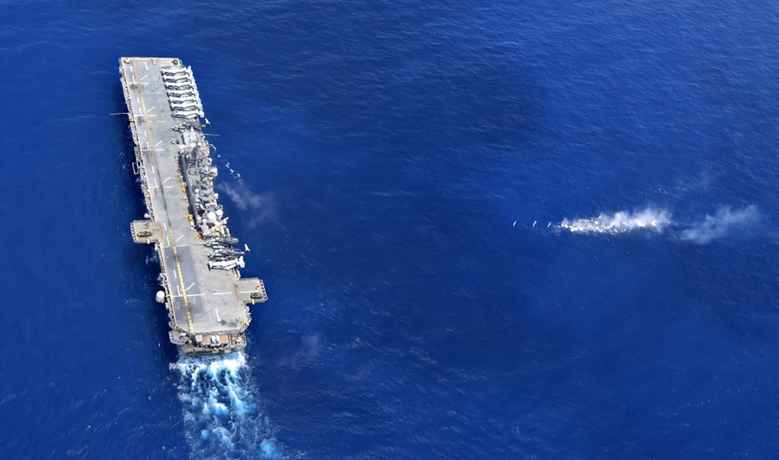 The amphibious assault ship USS Wasp performs maneuvers on Thursday, September 27.