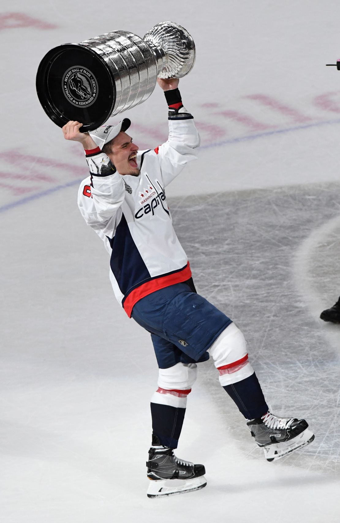 Dmitry Orlov hoists the Stanley Cup after the team's 4-3 win over the Vegas Golden Knights in Game Five of the 2018 NHL Stanley Cup Final.
