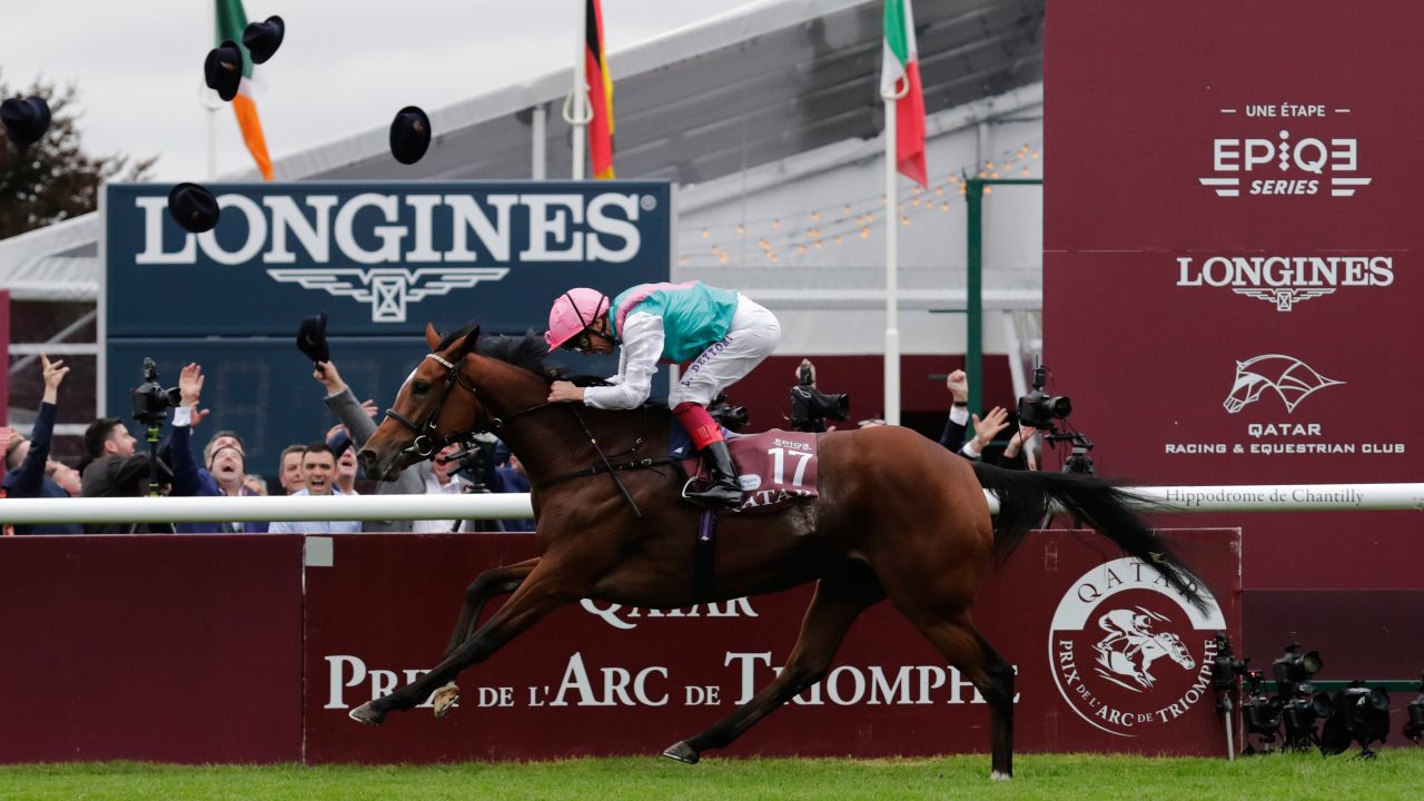 Jockey Frankie Dettori rode Enable to victory in the 2017 Prix de l'Arc de Triomphe at Chantilly.
