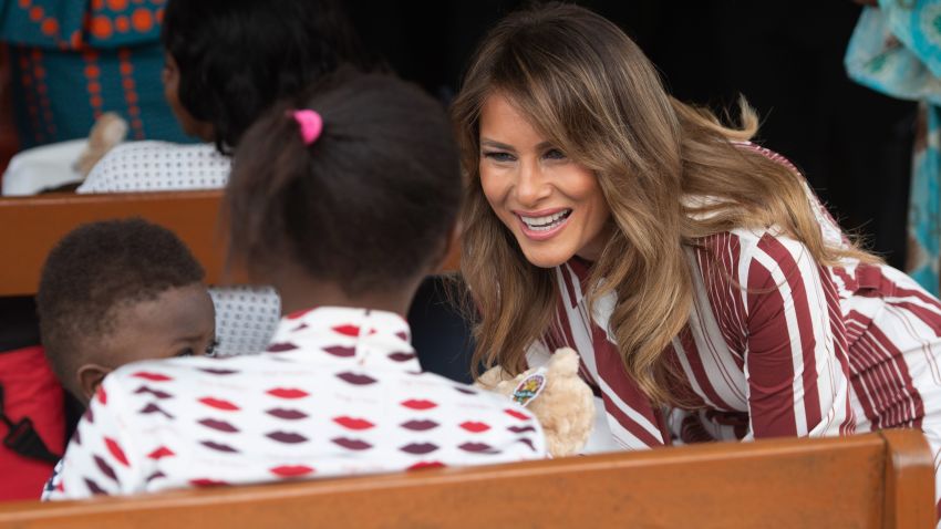 US First Lady Melania Trump greets patients during a visit to the Greater Accra Regional Hospital in Accra, Ghana, on October 2, 2018, as she begins her week-long trip to Africa to promote her 'Be Best' campaign. (Photo by SAUL LOEB / AFP)        (Photo credit should read SAUL LOEB/AFP/Getty Images)