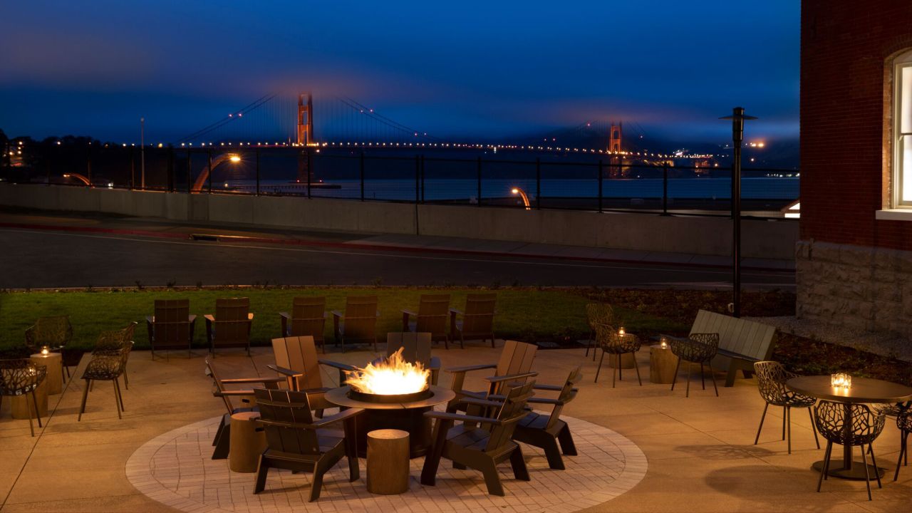 <strong>Stay the night. </strong>While many visitors to the Golden Gate Bridge spend just a few hours admiring the structure or playing in nearby Crissy Field, two nearby hotels at the Presidio offer an only-interrupted-by-fog view of the bridge. This is the firepit at the Lodge at the Presidio. 