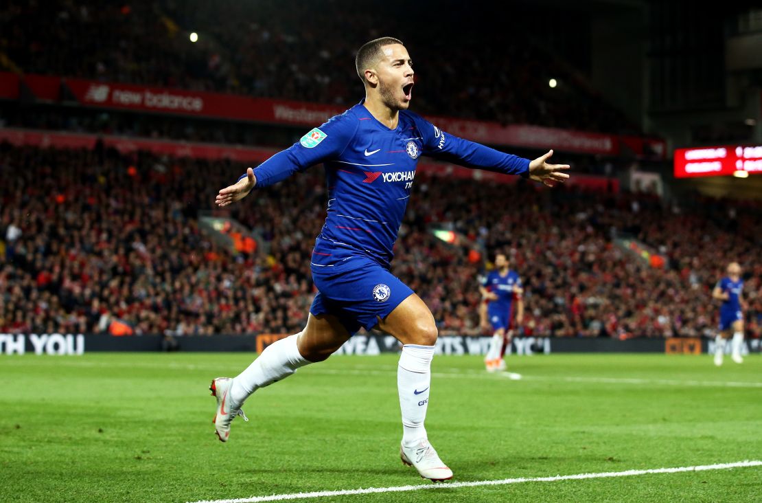 Eden Hazard celebrates after scoring his wonder goal against Liverpool in the League Cup. 