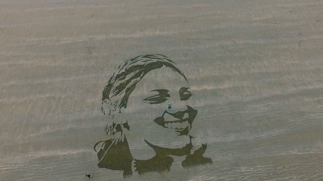 <strong>New direction: </strong>Treanor no longer limits his art to replicating crop circles. Now he takes commissions and even replicates profiles, as seen here. <em>Pictured here: "Jessie" at Newport Sands, Pembrokeshire </em>