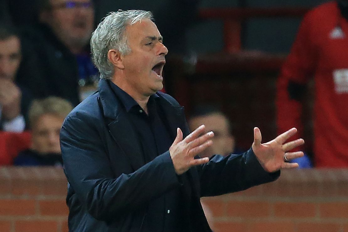 Jose Mourinho shouts instructions to his players in the game against Valencia.