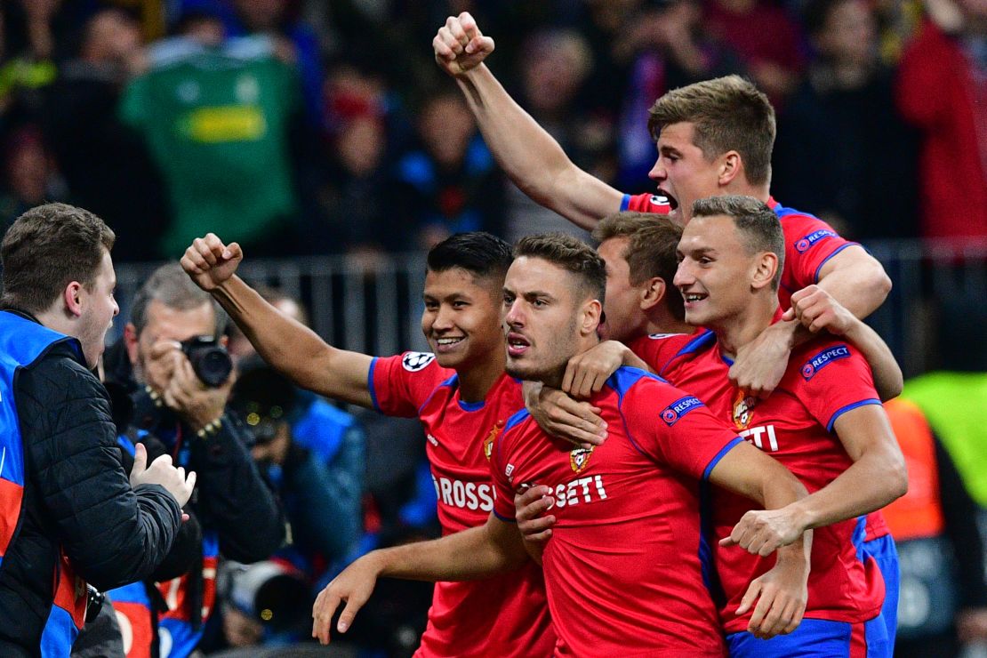 CSKA Moscow's Croatian midfielder Nikola Vlasic (C) celebrates with his teammates after scoring against Real.