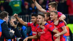 CSKA Moscow's Croatian midfielder Nikola Vlasic (C) celebrates with teammates after scoring the opening goal during the UEFA Champions League group G football match between PFC CSKA Moscow and Real Madrid CF at the Luzhniki stadium in Moscow on October 2, 2018. (Photo by Mladen ANTONOV / AFP)        (Photo credit should read MLADEN ANTONOV/AFP/Getty Images)
