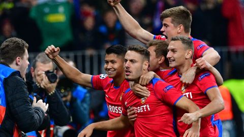 CSKA Moscow's Croatian midfielder Nikola Vlasic (C) celebrates with his teammates after scoring against Real.