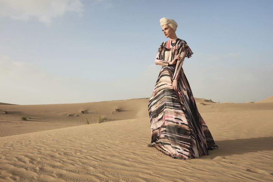 An ensemble featuring an evening gown, shawl and turban, from Modanisa's Spring/Summer 2018 collection.<br /><br />Scroll through to see more examples of contemporary modest fashion.