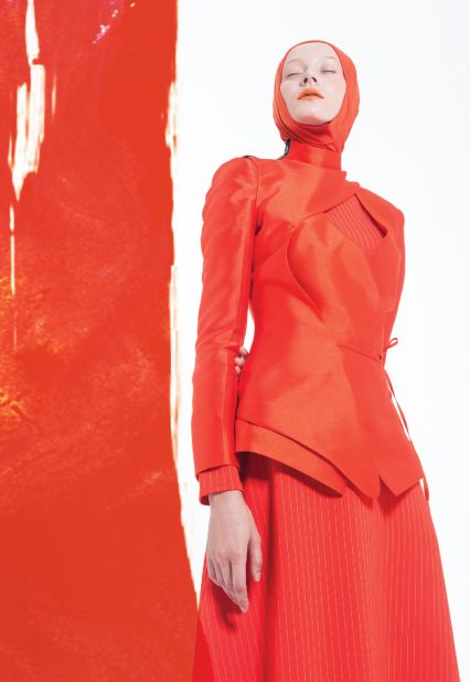 A half-vest, jacket, shirtdress and hijab by Haslinda Rahim, for the modest fashion brand Blancher.