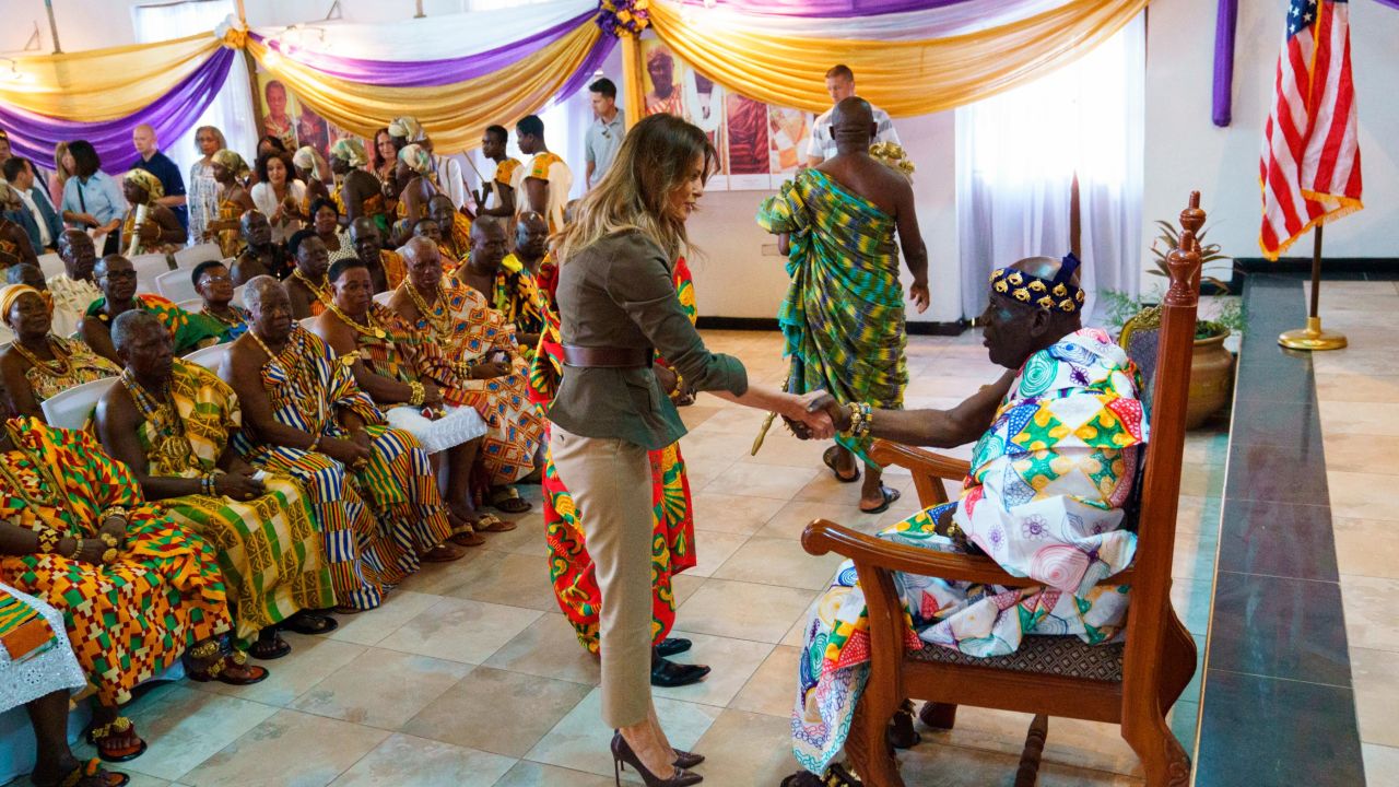 First lady Melania Trump shakes hands with Osabarimba Kwesi Atta II, the chieftain of the Cape Coast Fante, during a cultural ceremony at the Emintsimadze Palace in Cape Coast, Ghana, Wednesday, Oct. 3, 2018.  (AP Photo/Carolyn Kaster)