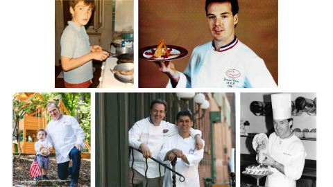 [Clockwise from top left]: Torres, age 11, in the kitchen of his childhood home; as the pastry chef at Le Cirque; at work on a pastry creation; with business partner Ken Goto; with his son Pierre.