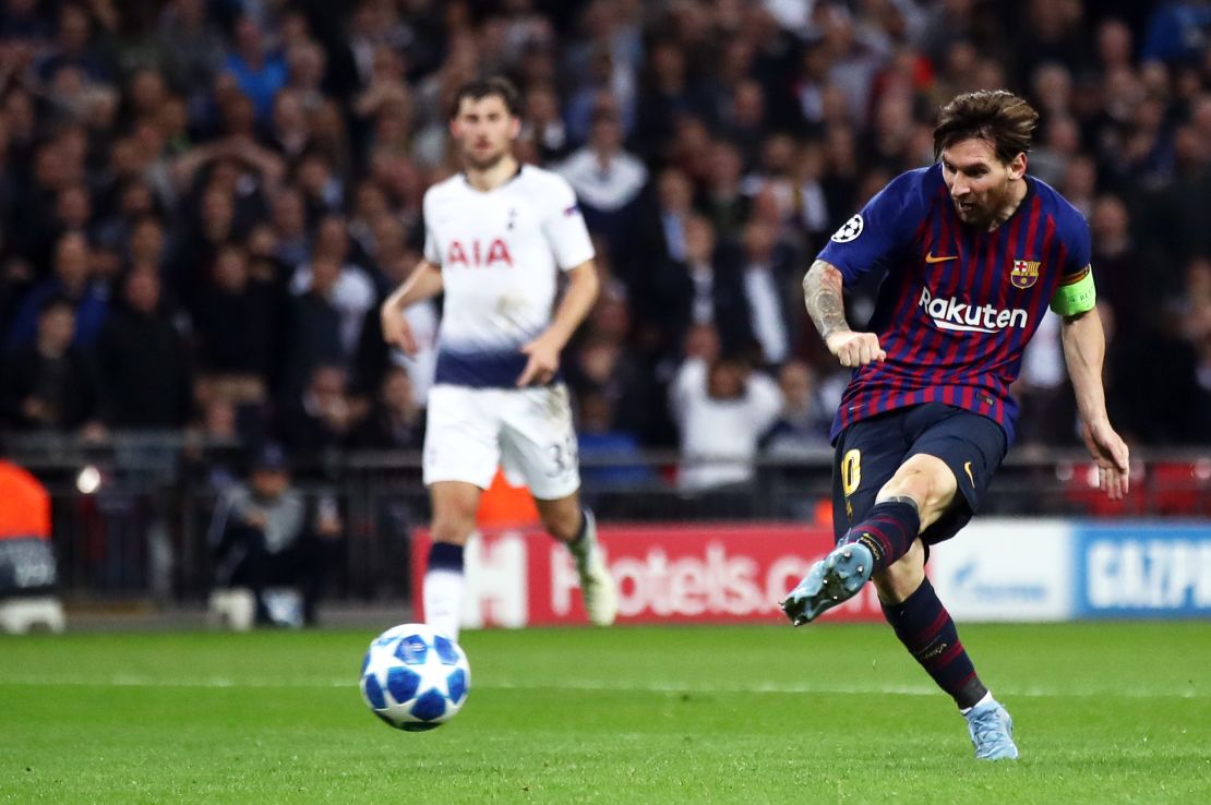 Lionel Messi finished off Tottenham's brave challenge with his side's fourth and his second of the night at Wembley after another clever dummy by Luis Suarez set him up. 