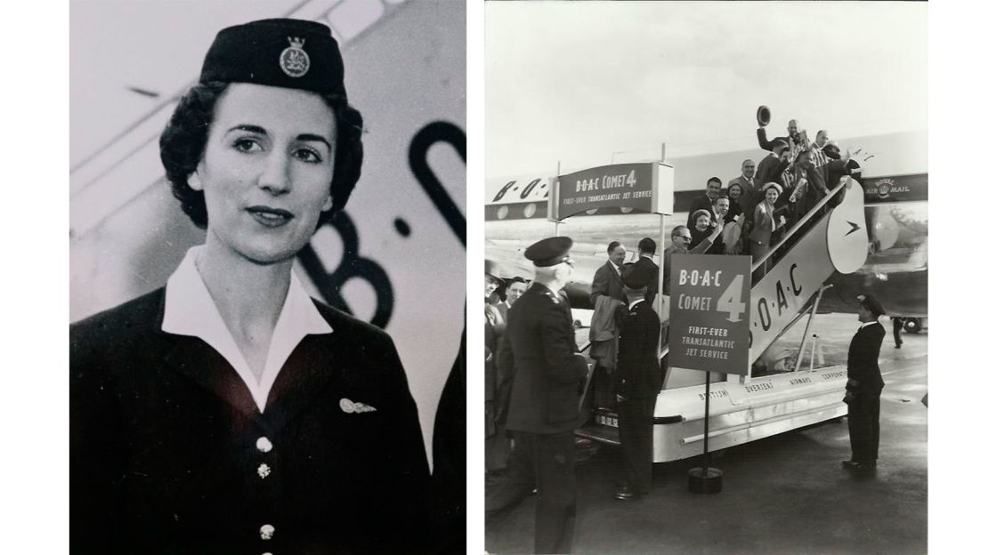 Peggy Thorne, pictured left, in her BOAC uniform ahead of the first transatlantic jet engine flight in 1958 and the crew on board the BOAC Comet.