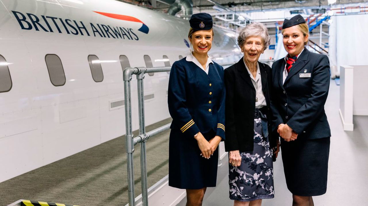 <strong>Travel opportunities</strong>: Thorne was intrigued by the prospect of traveling as an air steward. "I suppose in the 1950s, there were not a lot of opportunities to travel," she recalls. Pictured here are Thorne, center, with British Airways staff members Sophie Picton, left, and Nadine Wood, right.