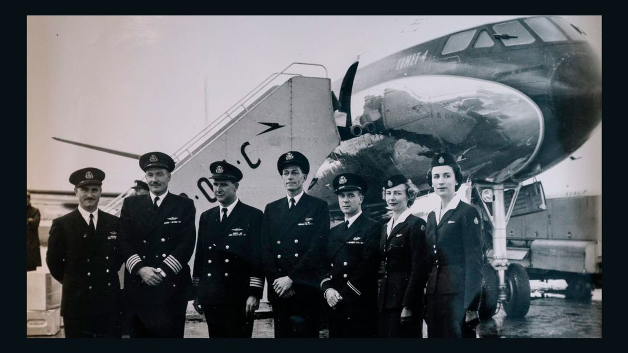 Peggy Thorne, right, with the crew of the first transatlantic jet engine flight.