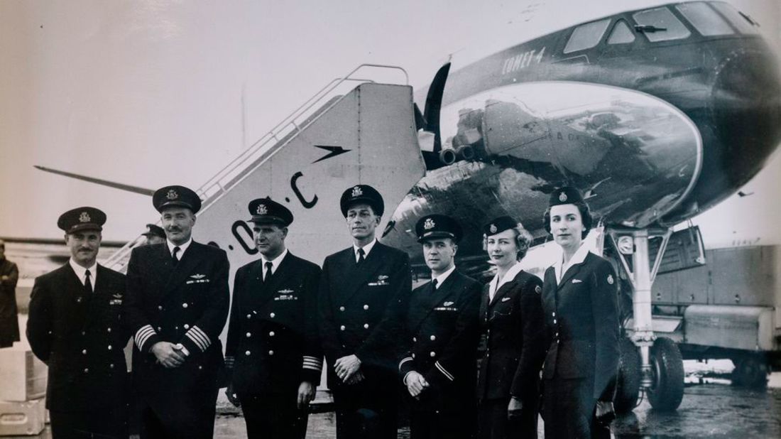 <strong>New era</strong>: The flight cut transatlantic air travel from up to 20 hours to the roughly 7-hour journey we know today. Peggy Thorne, on the right, is pictured here with the crew of the first transatlantic jet engine flight.