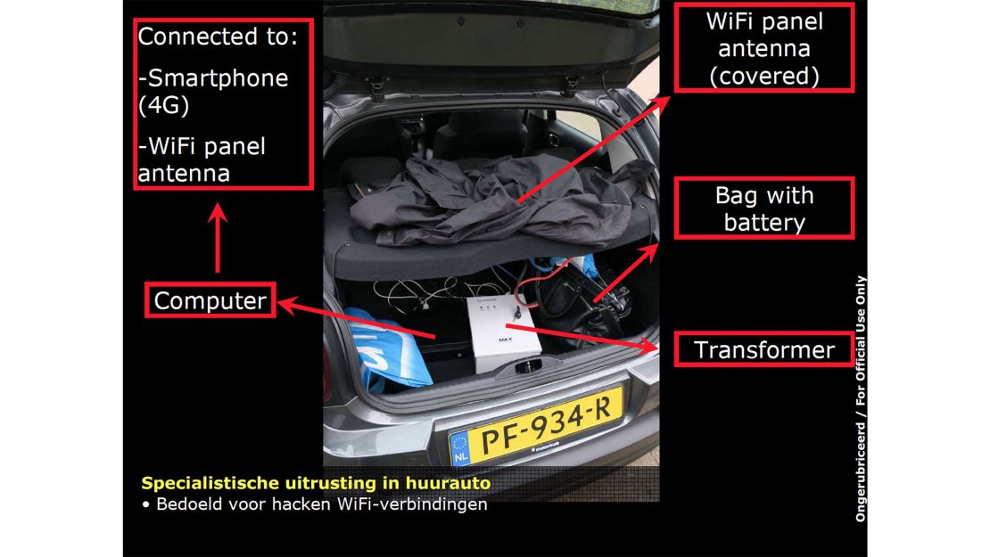 Dutch officials annotated a photo of the trunk of a car they say was used by Russian spies.