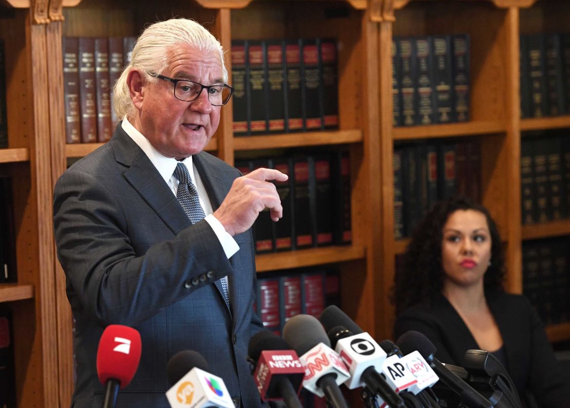 Kathryn Mayorga's attorney, Leslie Mark Stovall, speaks during a press conference on October 3, 2018, in Las Vegas, 