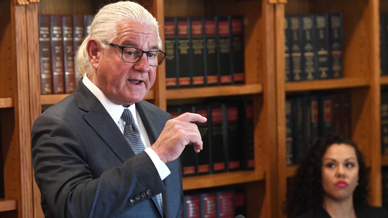 Kathryn Mayorga's attorney, Leslie Mark Stovall, speaks during a press conference on October 3, 2018, in Las Vegas,