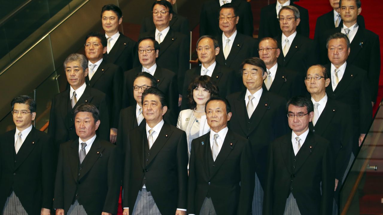 Japanese Prime Minister Shinzo Abe introduces his new cabinet. His leadership team now only includes one woman. 