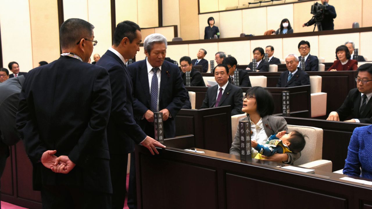 Lawmaker Yuka Ogata was forced to leave a Kumamoto city council session in 2017 after she tried to bring her infant son in with her.