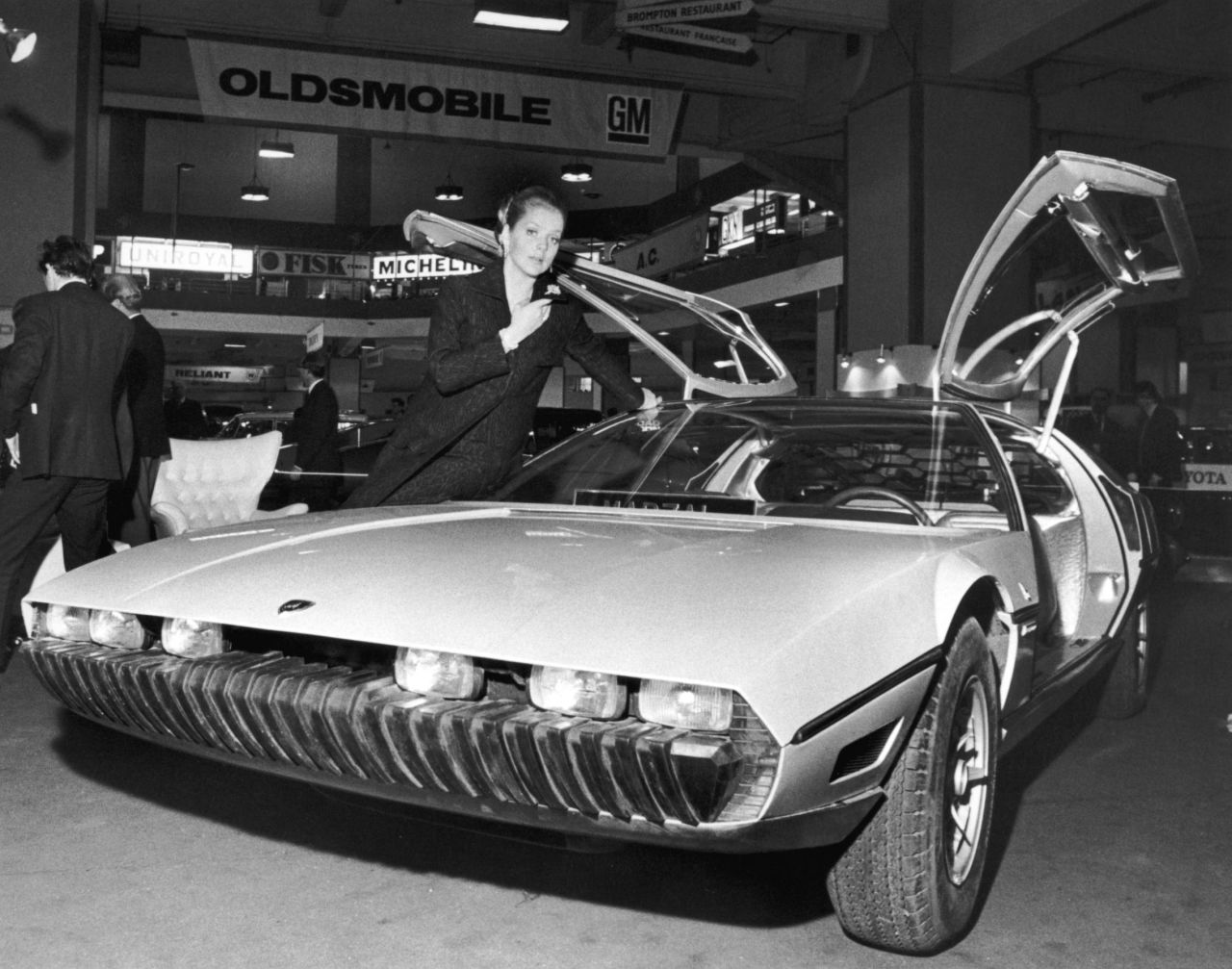 The Lamborghini Marzal, a one-off prototype concept car, designed by by Marcello Gandini of the Bertone design studio, at a preview of the London Motor Show at Earl's Court, 17th October 1967. (Photo by Mike McLaren/Central Press/Hulton Archive/Getty Images)