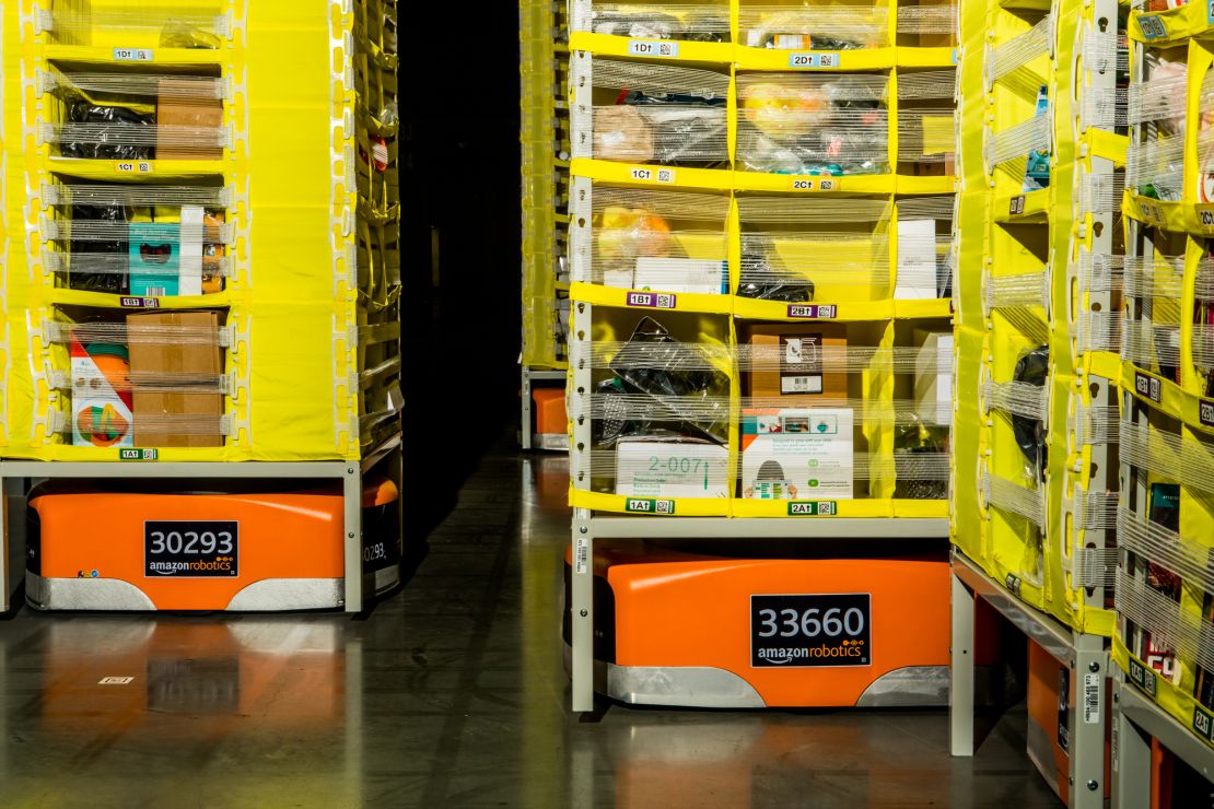 Robots are used in the Amazon fulfillment center.